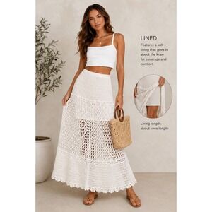 LIV Los Angeles Crochet Maxi Skirt Cream Lined Boho NWT Size Small